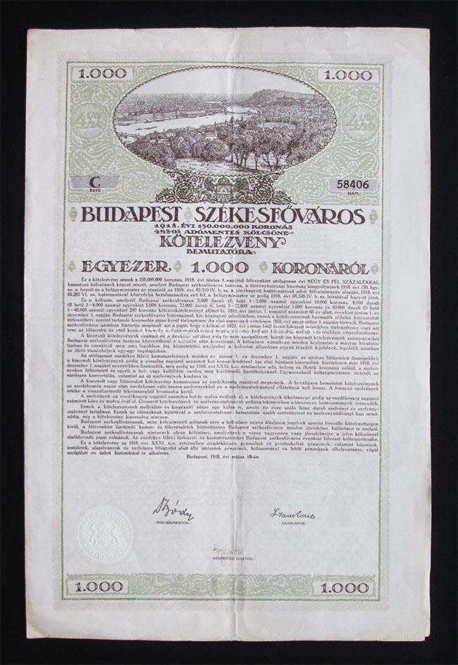 Budapest Szkesfvros ktelezvny 1000 korona 1918